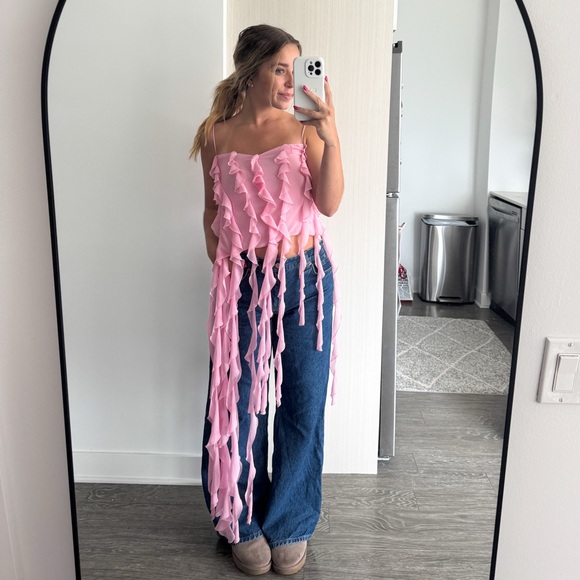 MACH & MACH Asymmetrical Ruffle Pink Top 4 - Picture 1 of 9